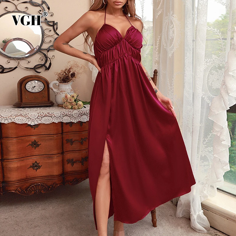 

VGH Sexy Red Side Split Crinkle Lace Up Party Dresses Female Halter Sleeveless High Waist Maxi Women's Summer Dress 2021 Fashion