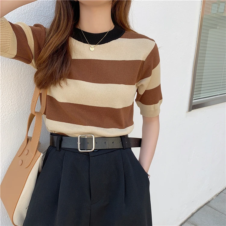 

New Summer Color Matching Striped Short-sleeved T-shirt Women Korean Style Slim Ice silk Knit Sweater Top