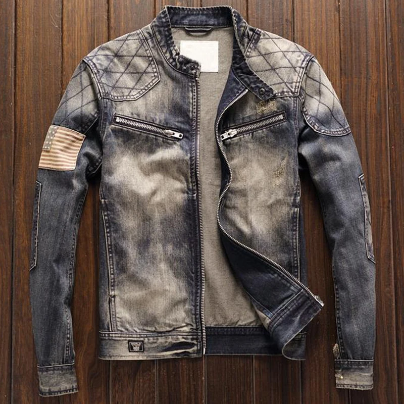 Мужская джинсовая куртка в стиле ретро приталенная с американским флагом