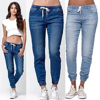 2021 autumn women solid color denim pants blue casual drawstring high waist jeans fashion female loose straight pants mom jeans