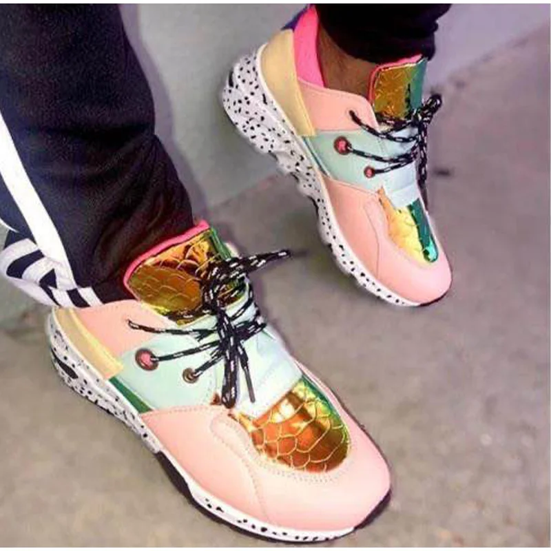 

Fashion Sneakers Women Vulcanized Shoes Casual Ladies Lace Up PU Colorful Air Shockproof Ladies Plus Size Mesh Breathable Flats