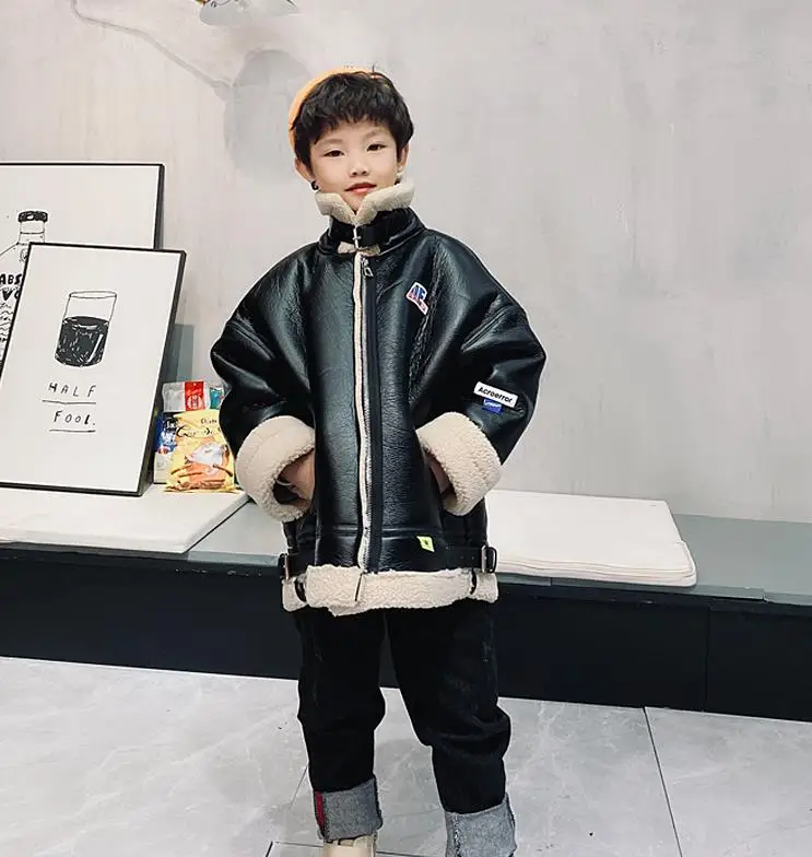 

Wholesale Children PU Leather Jacket Lamb Fur Spliced Coat Thicker Warm Girls Outerwear Parka PU Leather Jacket For Boys Y3646