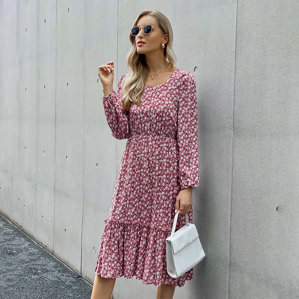 

2021 Black Clothes Dresses Women Long Retro Dress Autumn Winter Long Sleeve Elegant Ladies Flower Square Collar Dresses Party