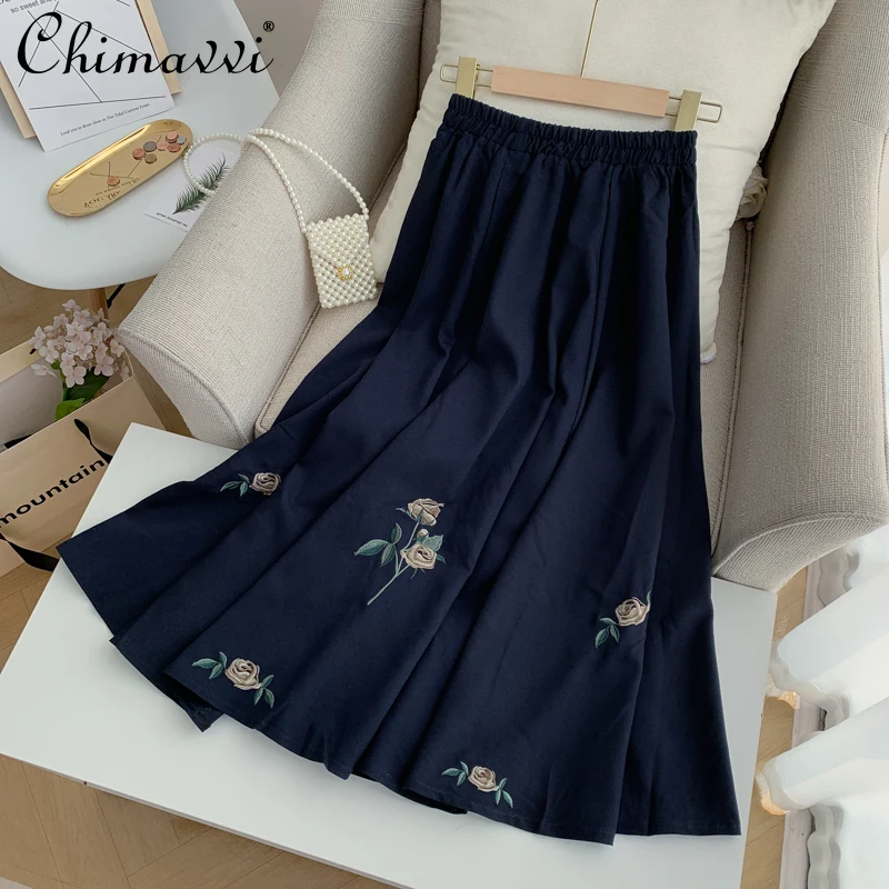 

Women's Skirt Spring and Summer Embroidered Cotton Linen Skirt Female Elastic Waist Loose Slimming A Line Long Skirt