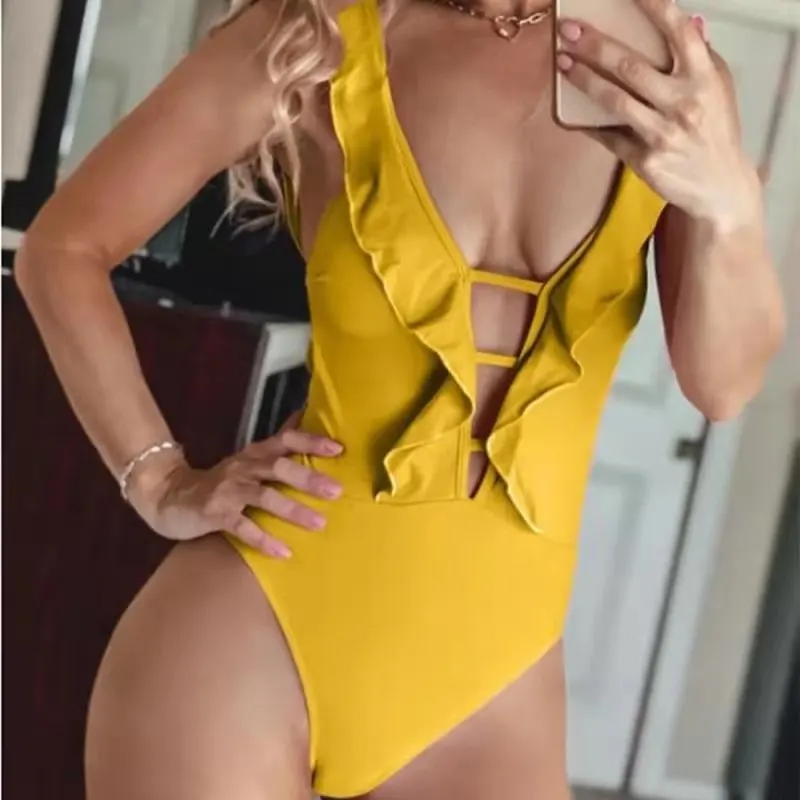 

New summer women's one-piece printed deep V-neck backless swimsuit push ups PADDED BIKINI tight long shoulder strap wrap around