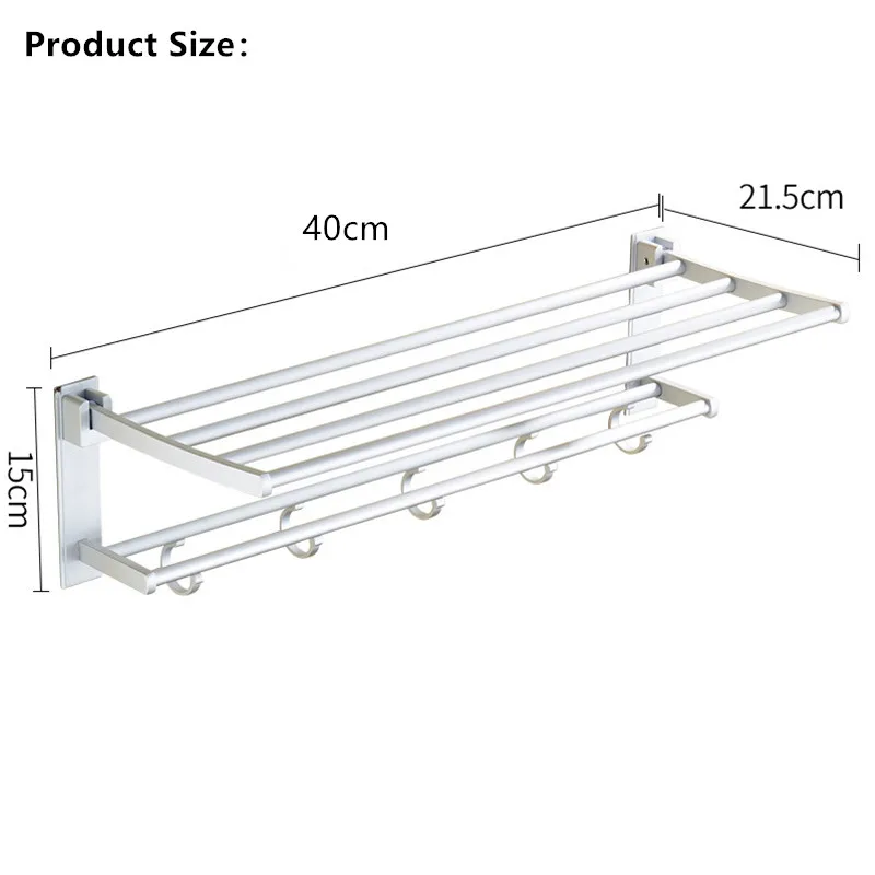 

Foldable Towel Holder Bathroom Towel Hanger Clothes Storage Rack 40cm Aluminum Shelf with Hook Kitchen Hotel No Drilling