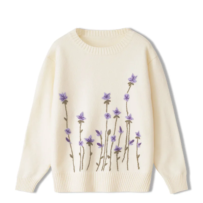 

Autumn Minimalist Purple Flowers Embroidery Women Sweaters Crochet Long Sleeve O-neck Loose Knitted Pullover Comfortable Jumpers