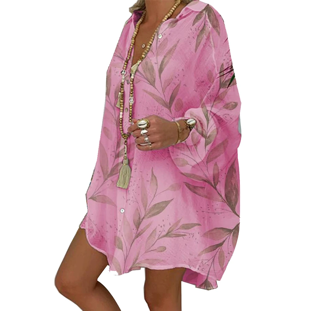 Женское пляжное платье-рубашка с принтом листьев и длинным рукавом | Женская