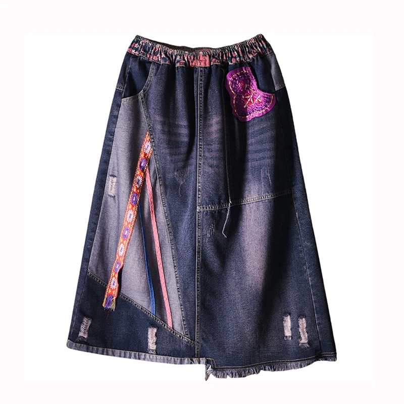 Женские юбки с аппликацией потертые свободные средней длины джинсовые хлопковые