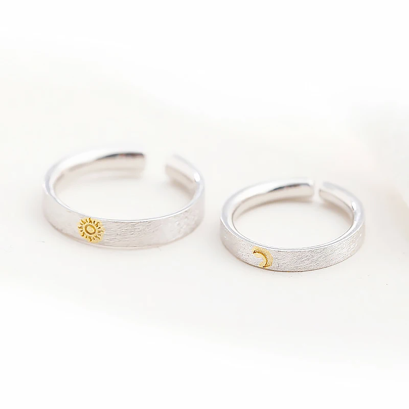 Couple Rings Простой дизайн, золотые парные кольца с солнцем и луной для мужчин и женщин, одноцветные кольца из серебра 925 пробы, матовая поверхность, регулируемые открытые манжеты, свадебные кольца - Цвет основного камня: Couple Rings