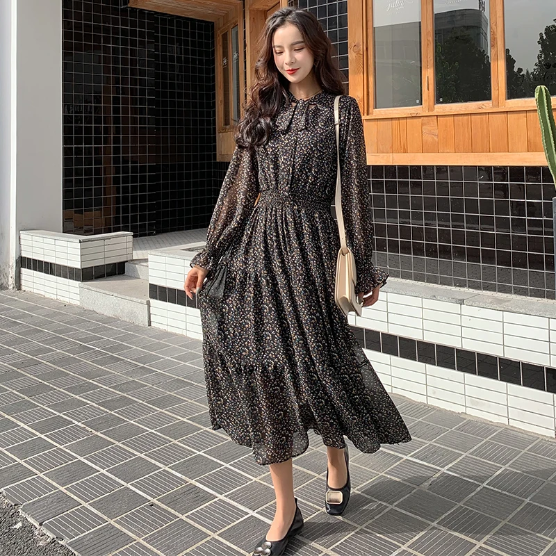 Женское шифоновое платье с длинным рукавом повседневное винтажное трапеция