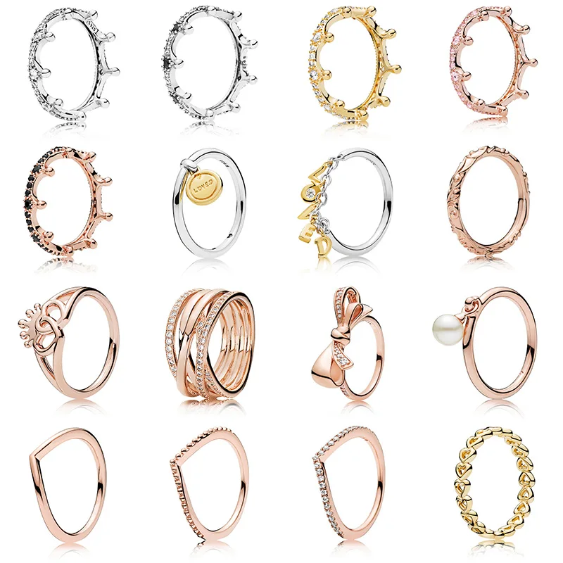 

16 Style Women 925 Sterling Silver Rings Charms Crown Bowknot Pearl Crystal Style Rings for Women Party Wedding Jewelry