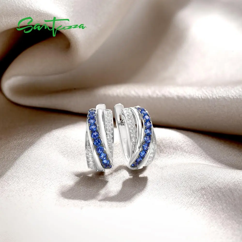 Фото SANTUZZA Silver Earrings For Women 925 Sterling Silver Stud Earrings Blue Nano Cubic Zirconia brincos Elegant Fashion Jewelry №4