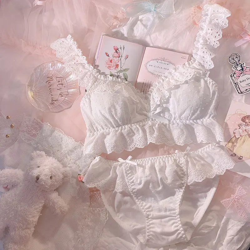 

Japanese Princess Underwear Set Vintage Teen Girl Mori Pure Cotton Embroidery Lace Collar Bowknot No Steel Ring Bra&Panties Set