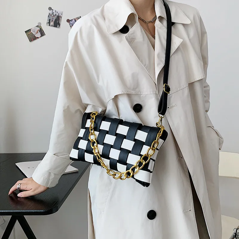 Color Contrast Weave Small Cute PU Leather Crossbody Bags for Women 2021 Simple Branded Luxury Gold Chain Shoulder Handbags