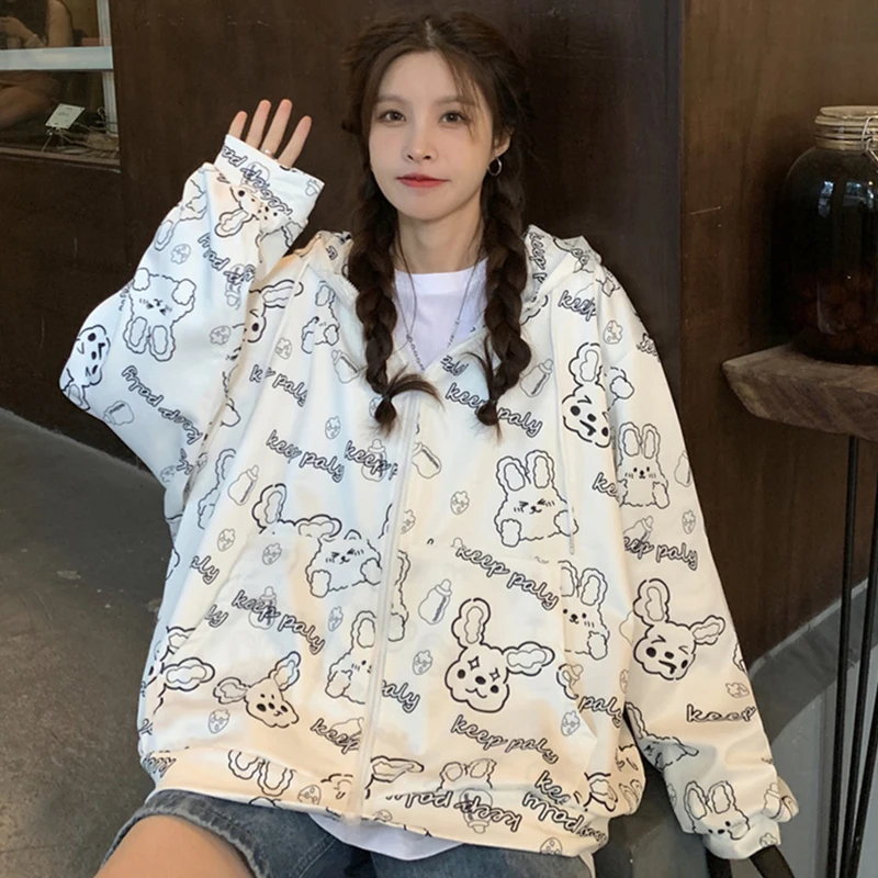 

White Oversized Bunny Graffit Graphic Zip Up Hoodie Women Female Kawaii Sweatshirts Autumn Winter Thick Comfy Pullovers