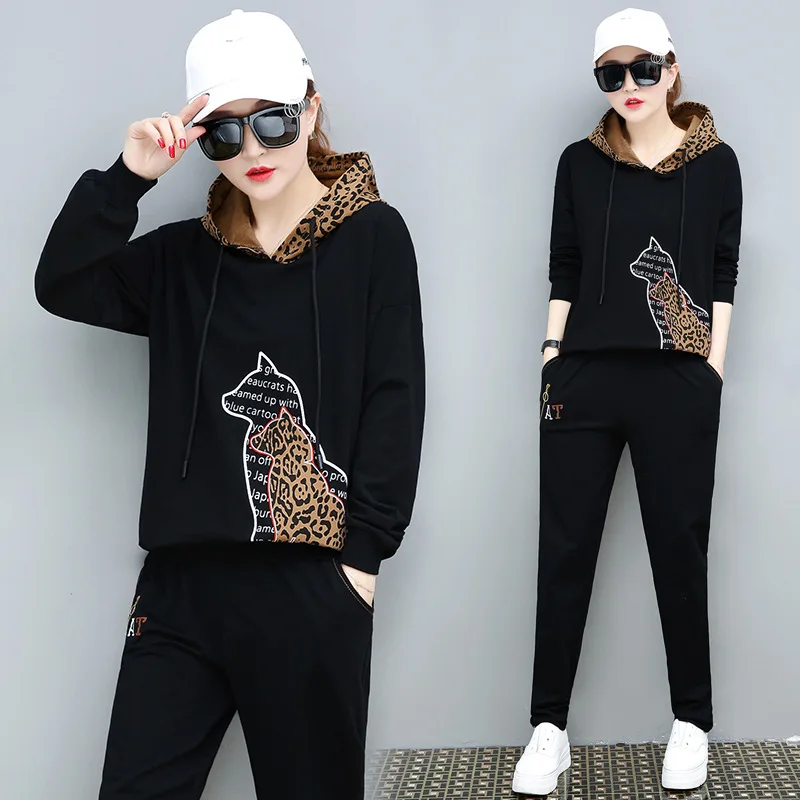 Женский костюм из двух предметов с капюшоном 2 шт. комплекты осенний Леопардовый