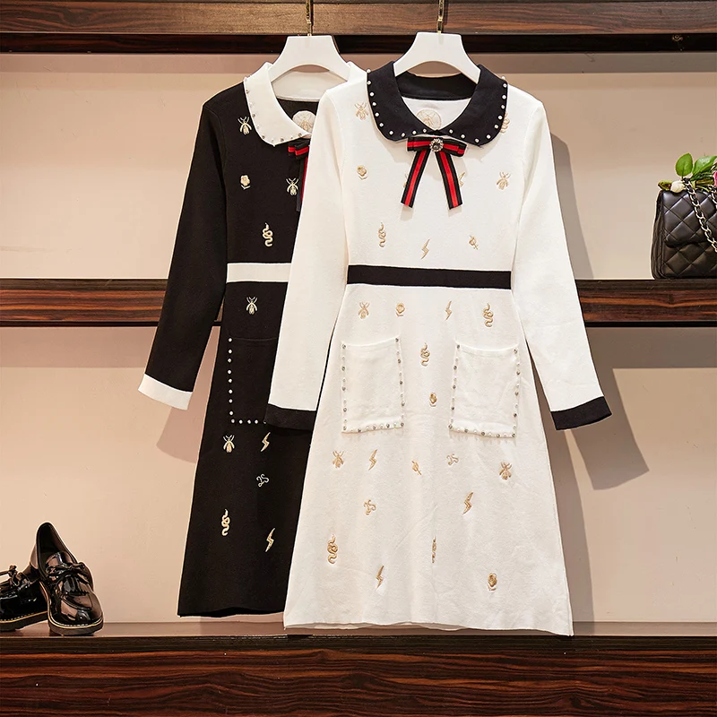 Женское вязаное платье с галстуком бабочкой большого размера на осень 2020|Женские