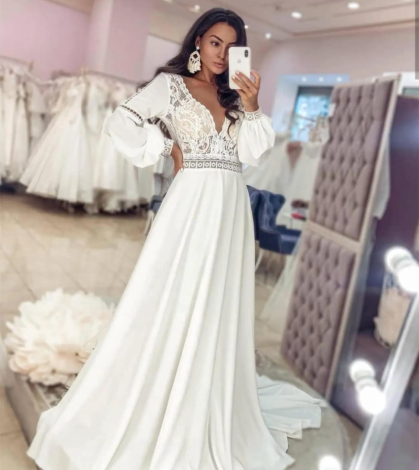 Свадебное платье с длинным рукавом 2021 Chiifon, белое богемное свадебное платье с V-образным вырезом и поясом, на заказ