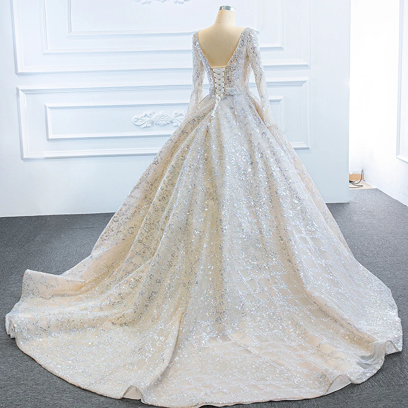 J67157 JANCEMBER Champagne Wedding Dress 2020 O Neck Long Sleeve Chest Strap Perspective Sequined vestidos de novia платья 2020