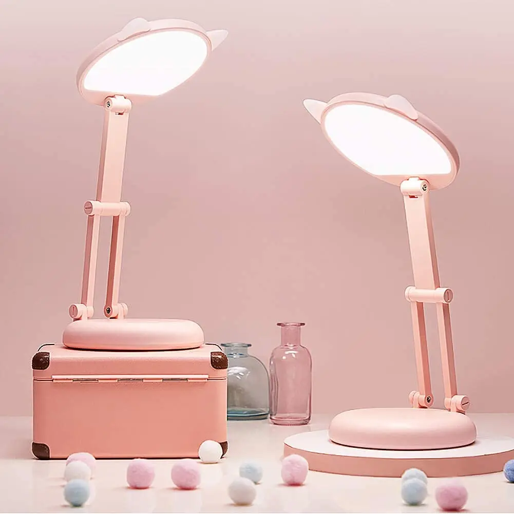 

Cute Cat LED Pink Small Desk Lamp Home Office with USB Charging Port Eye Protector Reading Light Portable Adjustable Desk Lamp