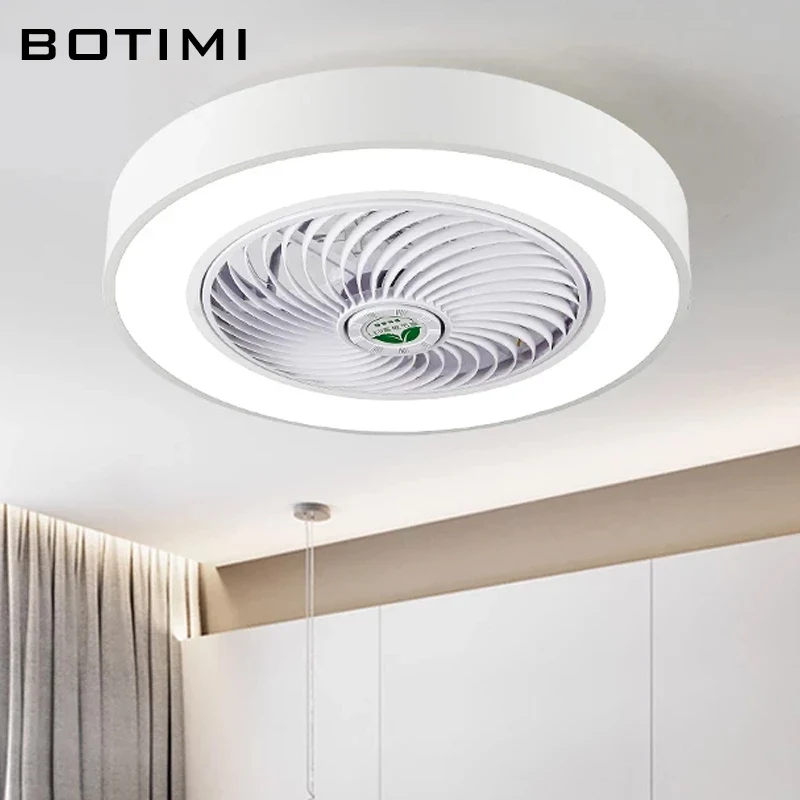 

BOTIMI Round LED Ceiling Fan With Lights For Bedroom White Invisible Ceiling Light Modern Surface Mounted Electric Fan Lamp