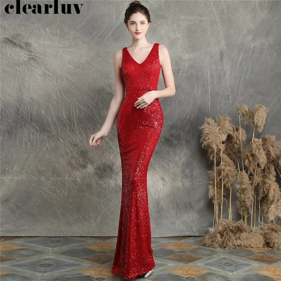 

Женское вечернее платье с юбкой годе, Красное Длинное Элегантное платье с блестками для вечеринки, платье большого размера с V-образным выре...