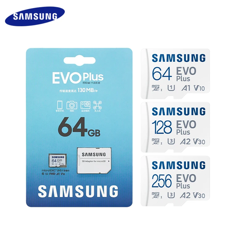 Карта памяти MicroSD SAMSUNG EVO PLUS класс 10 128 ГБ 256 512 U3 скорость чтения до 100 МБ/с. карта 64 U1