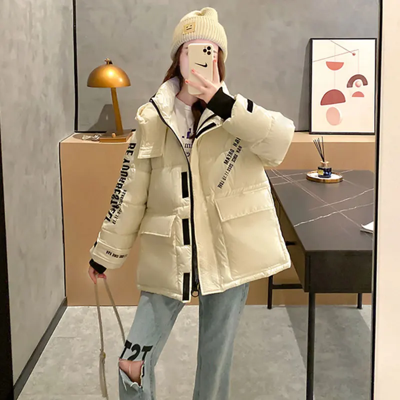 Winter Down Cotton Jacket Thick Women Short Loose Hooded Letters Fashion Streetwear Outerwear Warm Women Glossy Coat Parka DH16
