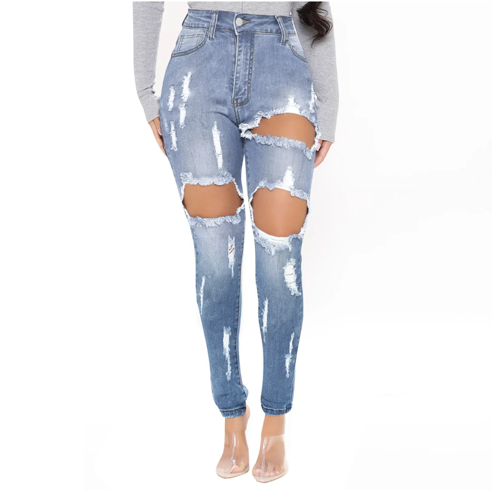

Jeans Women Denim Hole Zipper Pockets Skinny Straight Casual Trousers Korean Trendy Retro Harajuku Daily Femmen Streetwear #G4