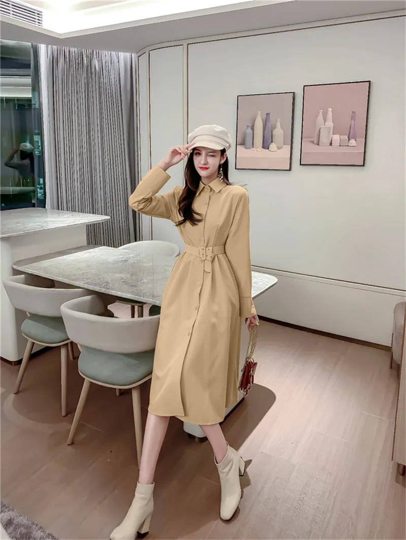 

CBAFU women slim turn down collar A-line dress female vintage long sleeve casual shirt long dresses with belt robe vestido Q008