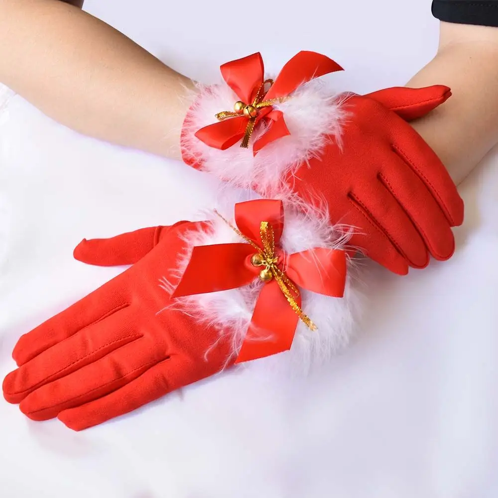 

Autumn Winter Warm Red Full-fingers Costume Gloves Christmas Mittens With White Furry For Women Accessories