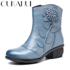 OUKAHUIосенние женские сапоги из натуральной кожи на среднем каблуке в народном стиле с цветочным принтом, на молнии, на квадратном каблуке; Теплые зимние сапоги; Женские короткие сапоги