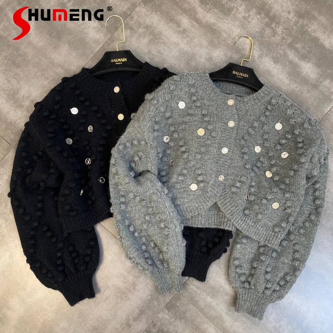 

2021 Autumn and Winter Women's O-neck Puff Sleeve Diamond Sweater Cardigan Coat Ladies Fashion Simple Solid Color Knitted Top