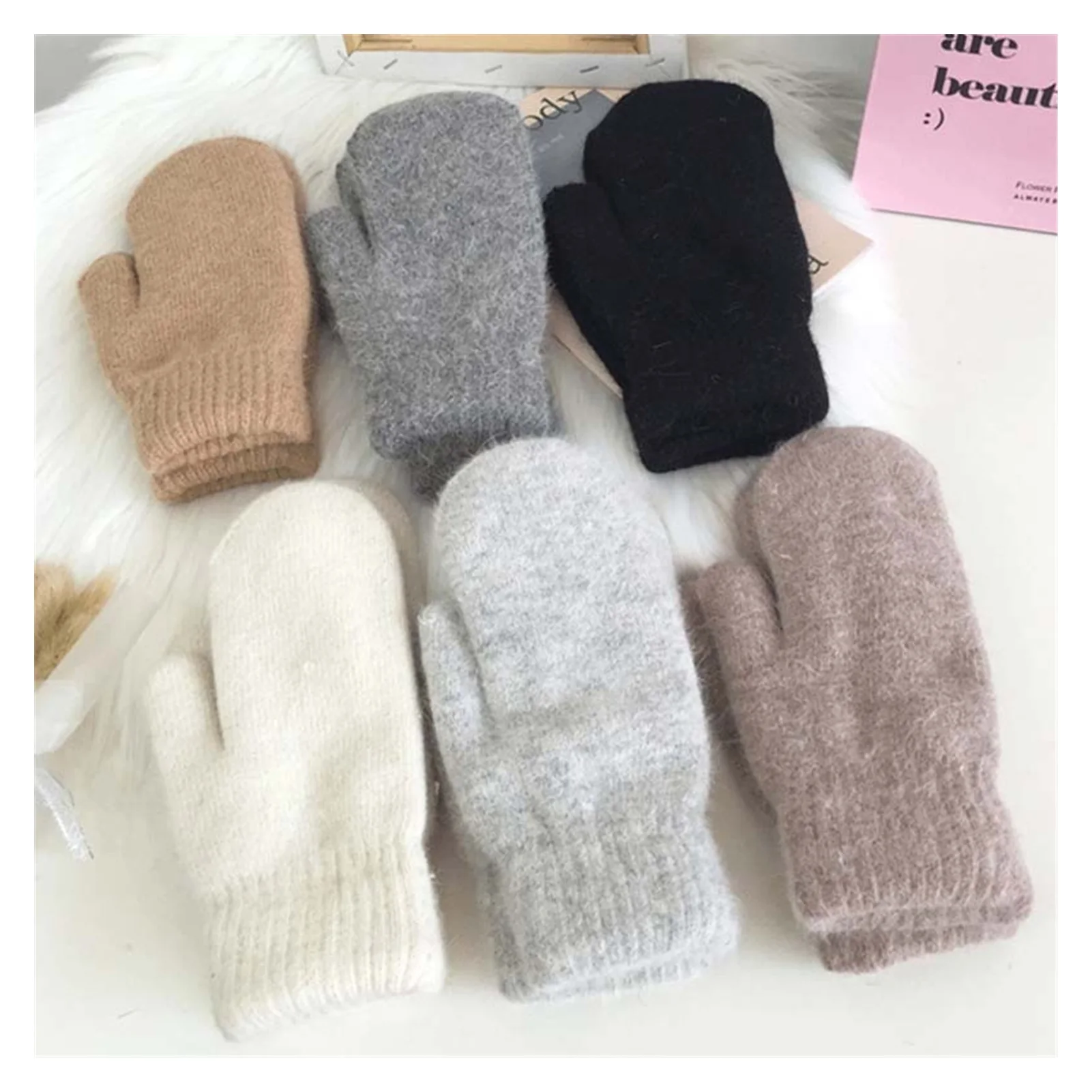 

Женские двухслойные перчатки из кроличьего меха, зимние однотонные женские перчатки с пальцами в Корейском стиле, варежки для девочек