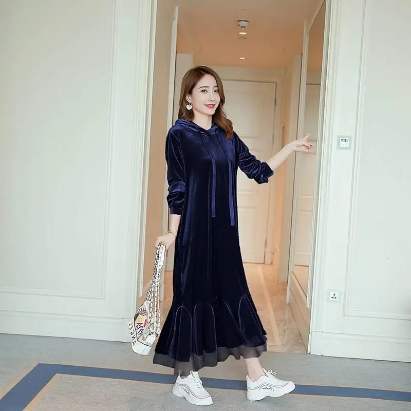 

Autumn Winter Dress Women 2020 Vintage Mermaid Velvet Dress Sexy Loose Pockets Hoodie Long Party Dress Vestidos Plus Size