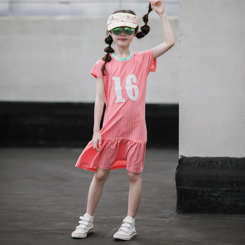 4 6 8 10 12 14 16 Yrs Summer Stripe Letter Printed Girls Dress Children Cotton Ruffle Dresses Teen Casual Sport Clothes | Детская одежда