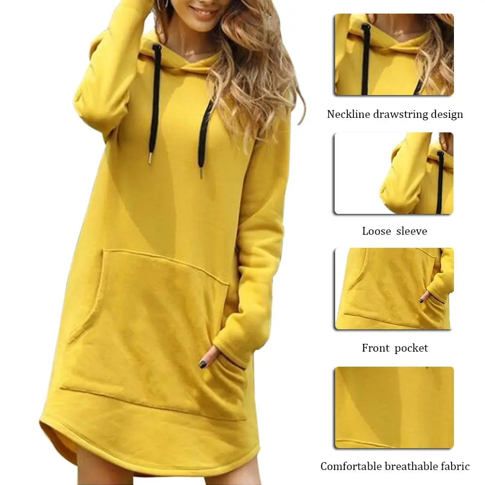 

New 2021 Womens Long Sleeve Hooded Pockets Pullover Hoodie Dress Tunic Sweatshirt Oversize Lady Dresses Robe Vestidos