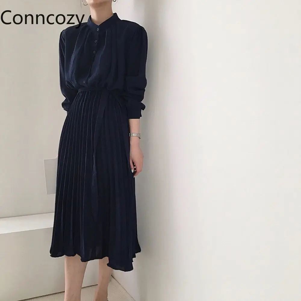 

New Korea Chic Minimalist Dress Women Elegant Fashion Stand Collar Button Up Slim Long Dress Office Ladies Black Pleated Dresses