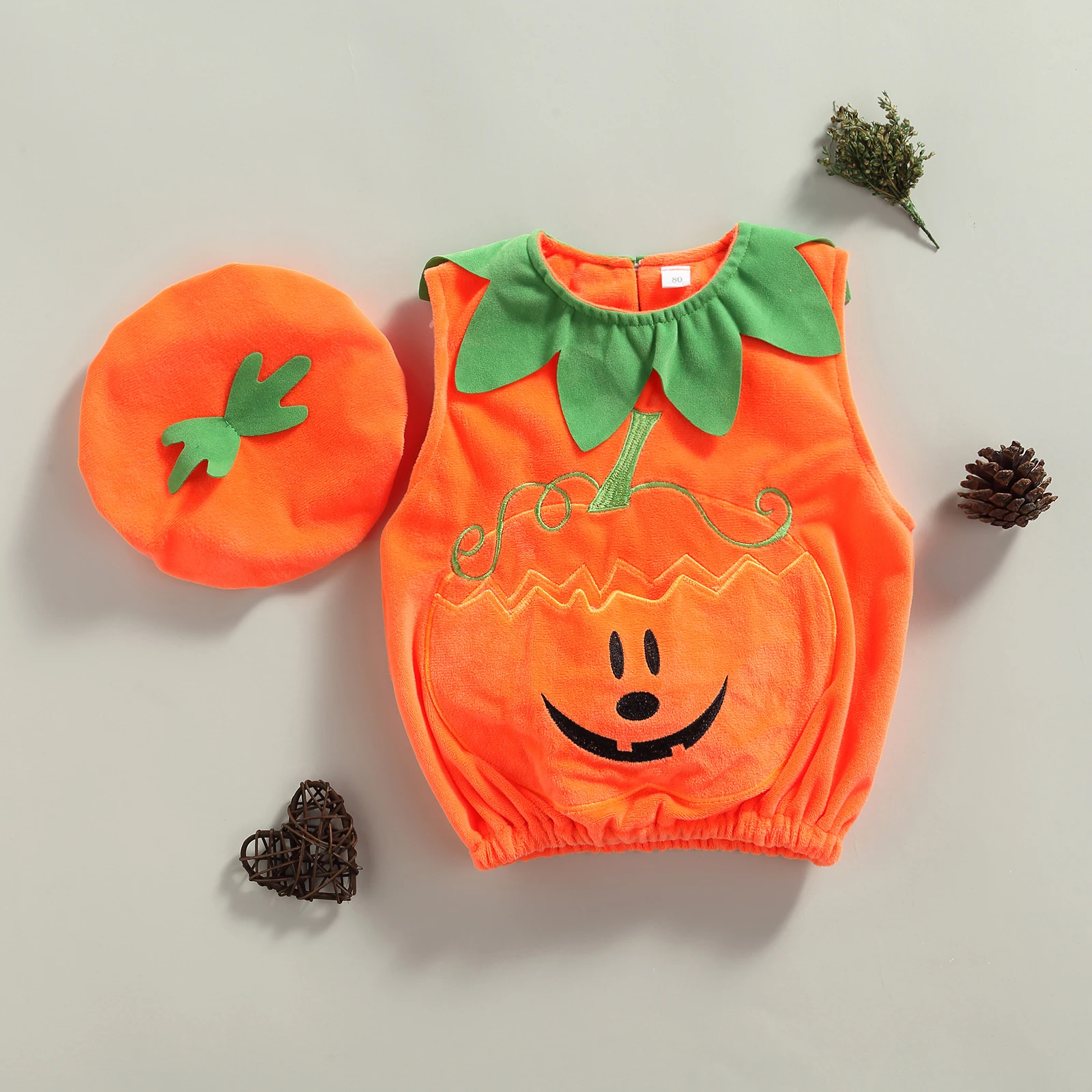

_ Хэллоуин, милая безрукавка + головные уборы для маленьких девочек и мальчиков, 2 шт., наряды с принтом тыквы и оборками на воротнике для косплея