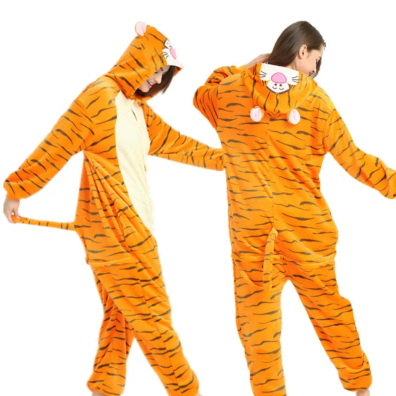 New Adults Animal Pajamas Cartoon Sleepwear Tiger Pajamas Sets Anime Kigurumi Women Men Warm Flannel Hooded