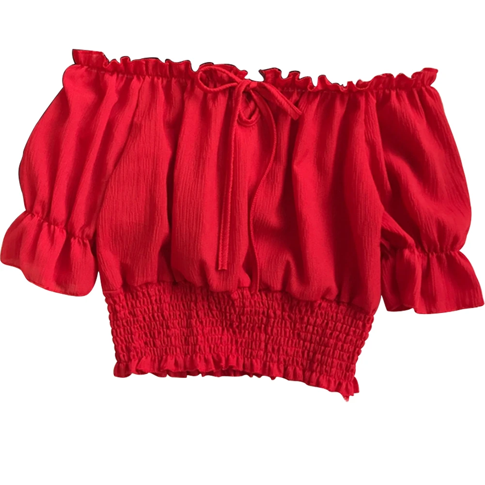 

Beach Strapless Summer Holiday Off Shoulder Club Tank Ruched Sexy Women Crop Top Casual Pullover Lantern Sleeve Elastic Waist