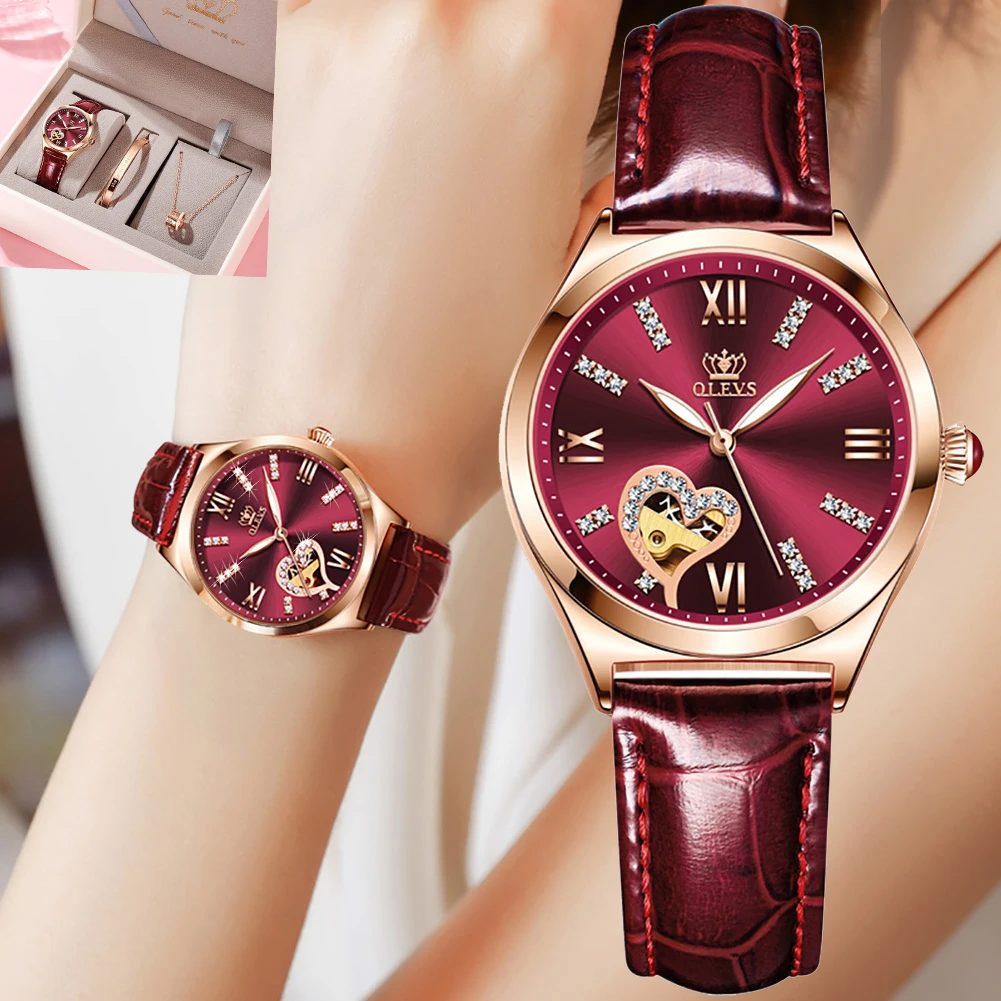 

Часы наручные женские Автоматические, модные механические Роскошные водонепроницаемые с кожаным ремешком, в виде скелета, подарок