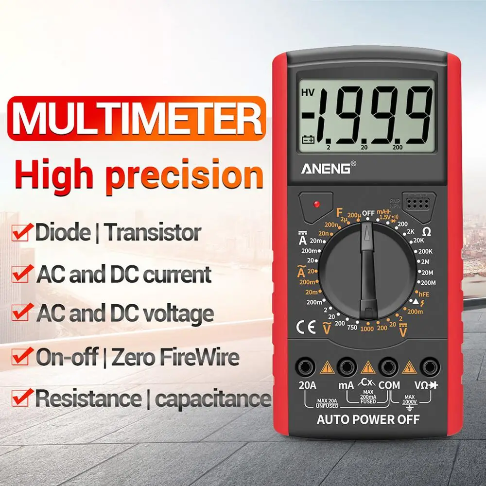 

Digital Multimeter AC/DC Voltmeter Ammeter Resistance Tester Capacitance Diode Multimetro Shockproof Anti-burn AN9205A+