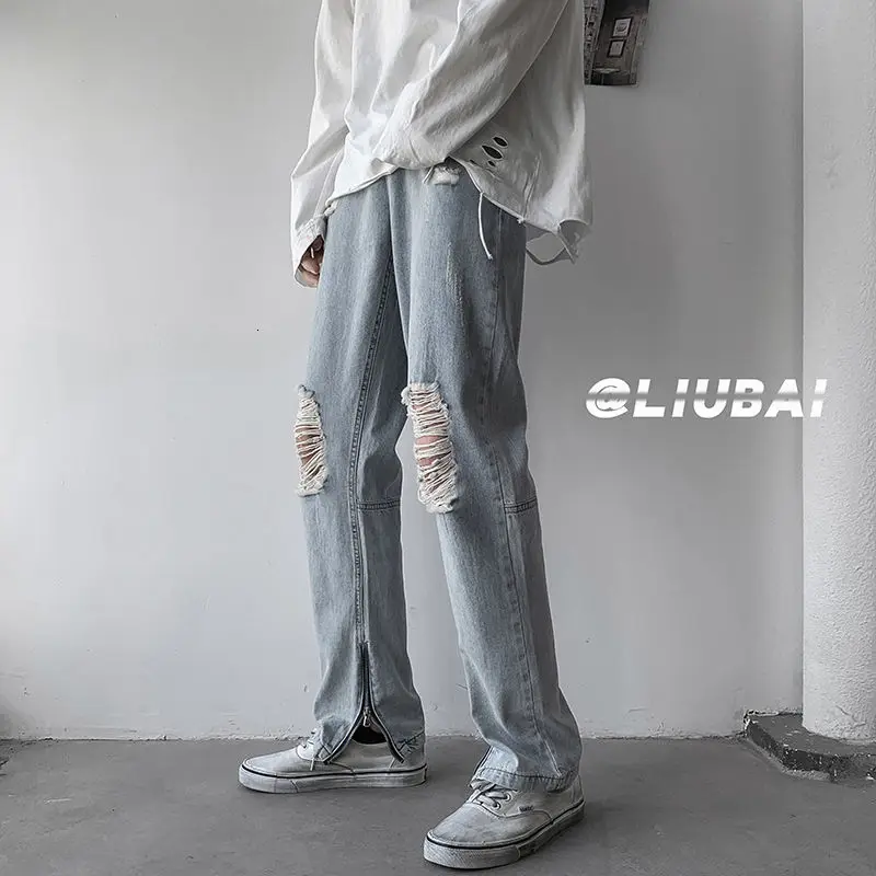 

Summer Ripped Jeans Men's Slim Fashion Casual Wide-leg Jeans Men Streetwear Hip-hop Hole Straight Denim Trousers Mens M-2XL