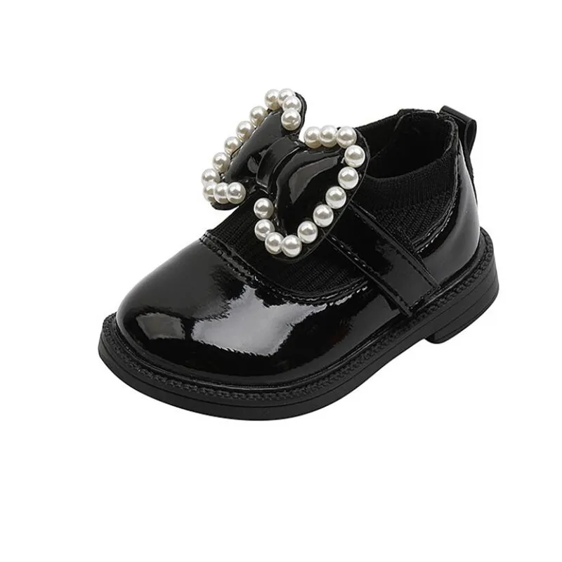 

2021 Autumn New Kids Patent Leather Shoes girls Butterfly Bow Beaded Princess Flats Baby Toddler Soft and Comfortable Non-slip