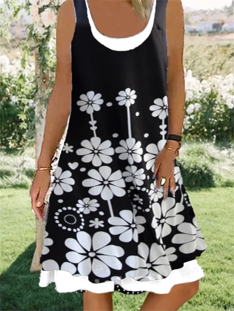 

2021 Vintage round Collar Casual Dress Women Fashion Floral Print Loose A-Line Dress Sexy Summer Sleeveless Tank Mini Dress 3XL