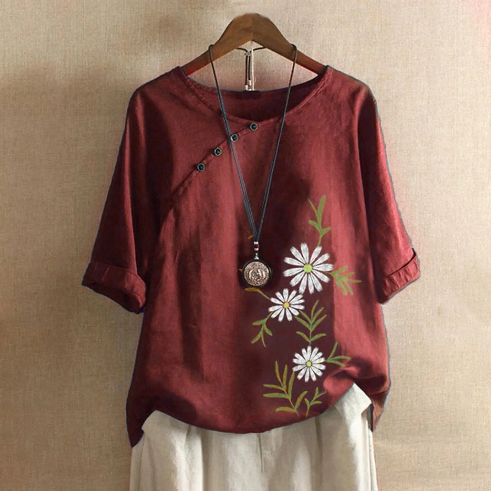 

Crop Top Women Casual Plus Size O-Neck Printed Loose Button Tunic Shirt Blouse Tops camisetas de mujer#G