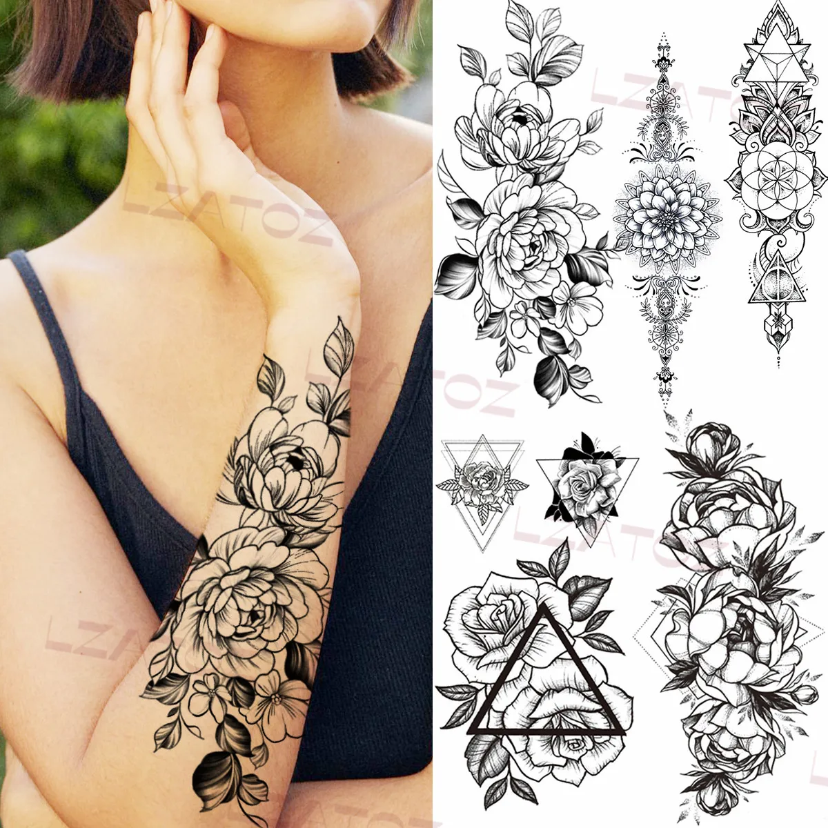 

Realistic Black Peony Temporary Tattoos For Women Adult Geometric Mandala Rose Fake Tattoo Sticker Party Sexy Half Sleeve Tatoos