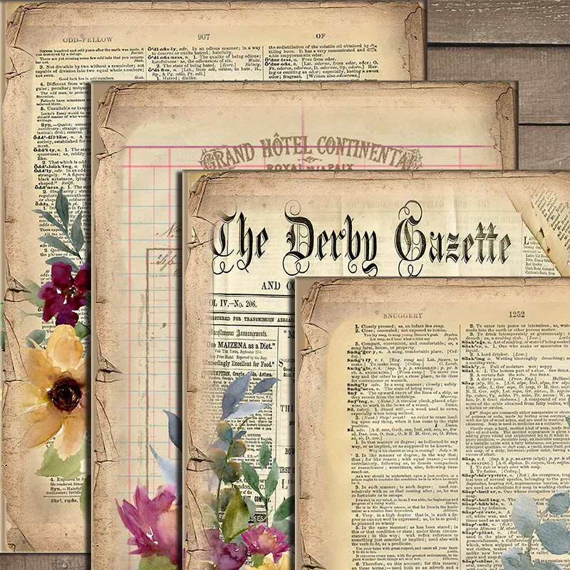 

English Newspaper Flower Plants Material Stickers Junk Journal Background Decoration DIY Scrapbooking Craft Sticker